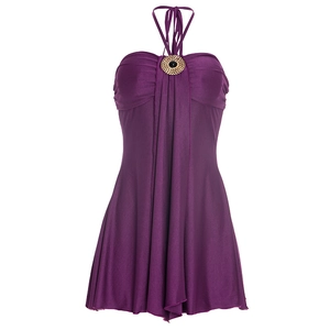 Detail of purple halter dress featuring pleated bust and golden mesh metal ornament