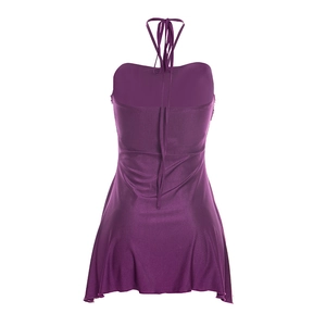 Back view of elegant purple satin halter mini dress with strappy ties and ruffled hem