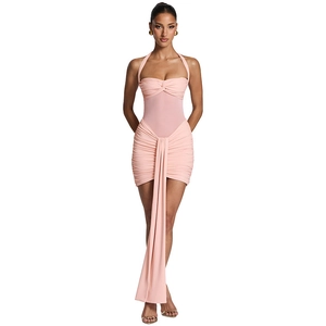 Pink halter neck mini dress with sheer mesh panels and draped front sash detail