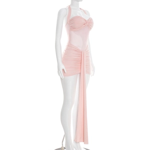 Detail of light pink ruched mini dress with halter neck and knotted streamer feature