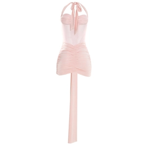 Detail of light pink halter dress featuring elegant ruching and a stylish neck-tie ribbon