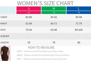 Size guide table for the brown sleeveless bodycon dress detailing chest and waist measurements