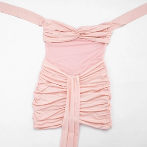 Detail of pink halter mini dress with ruched fabric, mesh insert and front sash