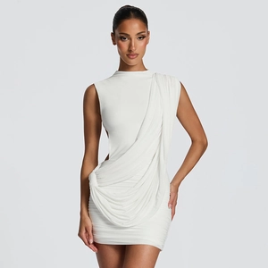 Slim fit white sleeveless mini dress with draped layers and side cutout design