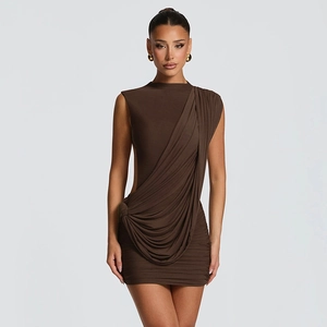 Sleeveless backless slim dress in deep brown with asymmetric draped ribbons and halter neck