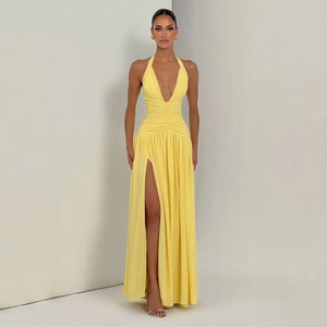 Elegant Halter Neck V Neck Maxi Dress For Women Summer Solid Color High Slit Ruched Backless Bodycon Party Evening Dress