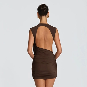 Slim fit backless brown mini dress with ruched details and asymmetric streamers