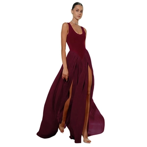 Elegant wine red sleeveless maxi dress with square neck and high side slits for women