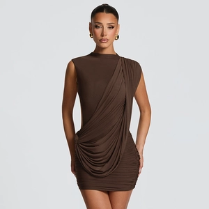 Detail of chocolate brown sleeveless mini dress with elegant draped pleats and ruching
