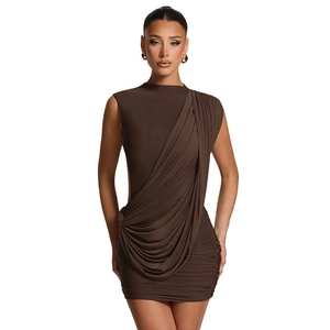 Sleeveless ruched mini dress in dark brown featuring asymmetric drape and slim fit style
