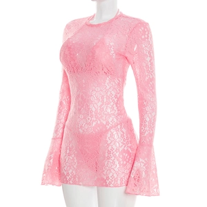 Detailed view of pink floral lace long-sleeve top featuring elegant retro bell sleeves