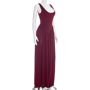 Detailed back view of a wine red maxi dress featuring pleated chiffon hem and slim fit