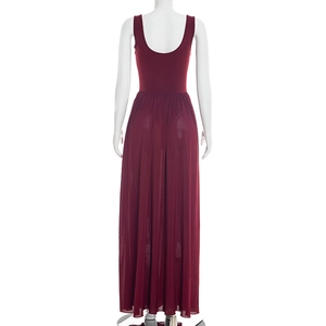 Detail of burgundy sleeveless dress featuring a deep scoop back and pleated chiffon skirt