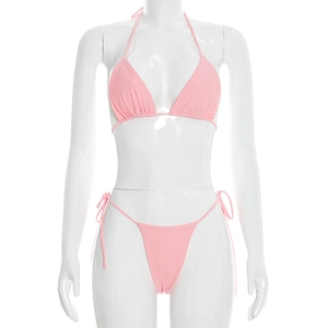 Detailed front view of a pink triangle bikini set with adjustable side-tie swim bottoms