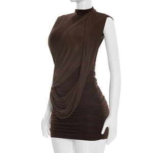 Detail of dark brown sleeveless ruched dress showing asymmetric drape and side pleats