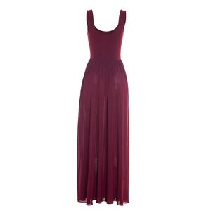 Detail of burgundy two-piece dress featuring knit racerback top and airy chiffon split skirt