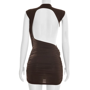 Detail view of backless ruched mini dress in dark brown with back cutout design