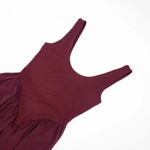 Close-up of wine red sleeveless dress featuring U-neck stitching and pleated chiffon detail