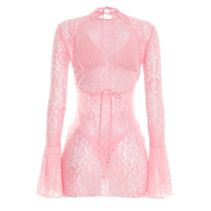 Detailed view of pink floral lace long-sleeve dress with matching bikini set
