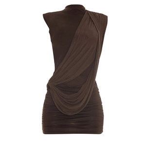 Detail of draped neckline and ruched texture on a dark brown sleeveless mini dress
