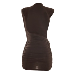 Rear view of brown slim-fit dress featuring high neck and pleated ruching details