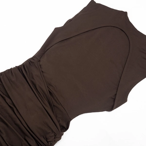 Detail of dark coffee backless dress with ruched fabric and elegant tie-back design