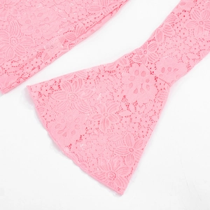 Close-up of pink floral lace fabric detailing the flared sleeve and hollow texture