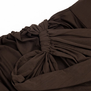 Detail view of dark brown knitted fabric with center twist knot and ruched textures