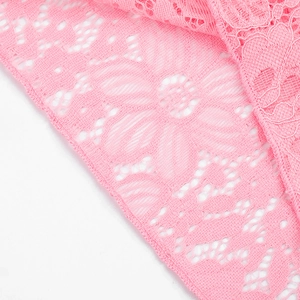 Close-up of pink lace fabric showing intricate floral patterns and high-quality stitching