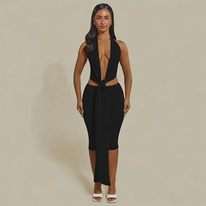 Close-up of black halter midi dress featuring a deep V-neck and wrap-around waist tie