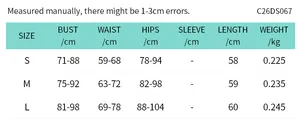 Detailed size chart for the strapless mini dress showing bust, waist, and hip measurements