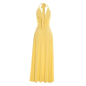 Close-up of bright yellow halter neck dress with pleated bodice and waist details