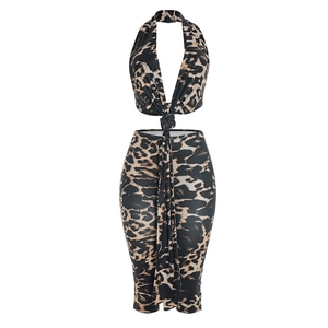 Detail of leopard print two-piece set featuring halter neck top and bodycon skirt