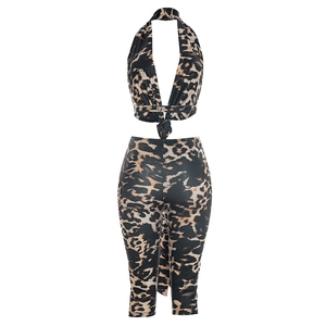 Macro detail of the leopard print pattern and fabric texture of the two-piece set