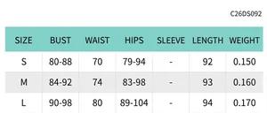Size chart for sleeveless hollow-out mini dress with measurements for S M L sizes