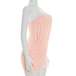 Detail shot of elegant ruched mesh texture on a strapless slim-fit mini dress