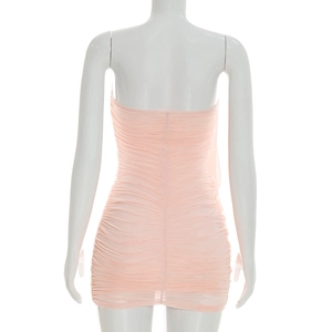 Detail view of the elegant ruched texture on back of pink strapless mini dress