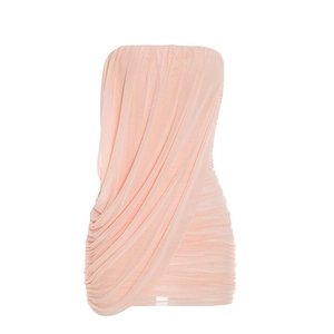 Detail showing elegant ruched fabric and asymmetrical draping on a pink strapless mini dress