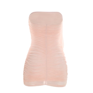 Detail of ruched pale pink mesh fabric on a strapless bodycon mini dress