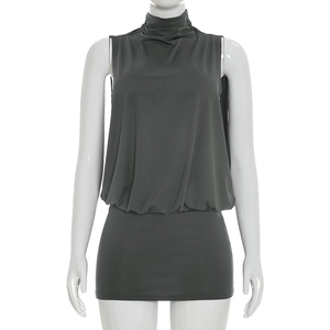 Detail view of dark grey sleeveless mini dress with draped high neck and fitted waist