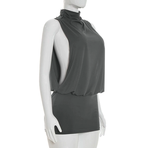 Detail view of a charcoal sleeveless high neck mini dress with side cutout on mannequin