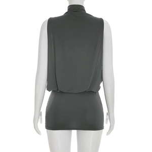 Back view of a charcoal grey high-neck sleeveless bodycon mini dress on mannequin