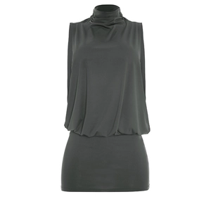 Detail of high neck sleeveless dress in dark grey featuring ruched collar and slim fit hem