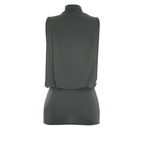 Detailed back view of charcoal grey sleeveless turtleneck bodycon knit mini dress