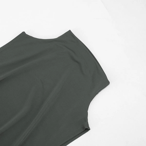 Detail of high neck design on a charcoal gray sleeveless mini dress with knit texture