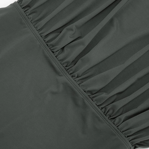 Detailed view of the dark grey knit fabric with fine gathering and precision stitching
