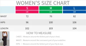 Detailed women's size chart for polka dot chiffon maxi skirt with measurement guide