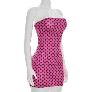 Detailed view of the rose pink polka dot strapless bodycon mini dress on a white mannequin