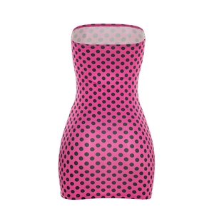 Close-up of pink polka dot bodycon mini dress with strapless design and slim fit cut