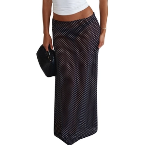 Elegant polka dot sheer chiffon long skirt with slim fit straight cut and low waist